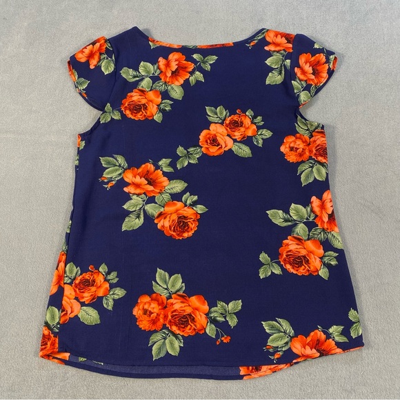 DNA Couture Women’s navy & orange Floral blouse, V-neck, cap sleeves, size S - Picture 3 of 8